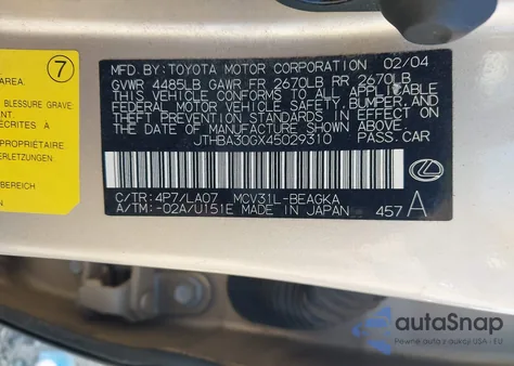 2004 Lexus Es 330 from USA, damaged, VIN JTHBA30GX45029310